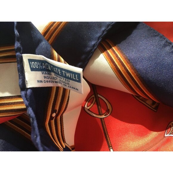 Vintage Equestrian Horse Print Scarf 100% Acetate Twill Hand Rolled Edge Red & N - Picture 5 of 5